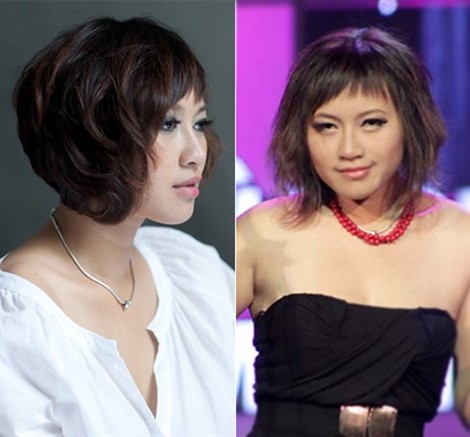 Nữ ca sỹ Khánh Linh xấu hơn với tóc tém, khuôn mặt tròn của cô càng bị lộ với kiểu tóc này. (Ảnh: tin)